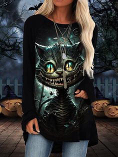 Halloween Cat Print Long Sleeve Top,Come to wonderclosets to Find your Favorite. Casual Fall Fashion, Women Sweatshirt, Autumn Fashion Casual, Halloween Women, Halloween Cat, Casual Party, Sweatshirt Designs, Cat Print, Casual Fall