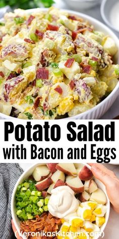 Potato salad with bacon and eggs in a white bowl. Salad With Bacon And Egg, Egg Potato Salad, Potato Salad With Bacon, The Best Potato Salad, Best Potato Salad, Dishes Ideas, Egg Potato, Recipe Potato, Potato Salad With Egg