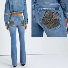 In A Versatile Mid-Blue Wash, Our Original Boot Jeans Will Be A Key Piece In Your Capsule Wardrobe. They Feature A Classic, Five-Pocket Design And Beaded Flower Embellishments An Extra-Special Accent. Keep Styling Simple, With A T-Shirt, Cardigan And Boots. 100% Cotton Size 25 Waist: 28'' , Length: 41'' , Inseam: 33.5'' New With Tags B-51(20) Embellished Blue Bottoms For Fall, Fall Embellished Blue Bottoms, Fall Blue Embellished Bottoms, Womens Low Rise Jeans, Dark Wash Bootcut Jeans, Flower Embellishments, 7 Jeans, Frayed Hem Jeans, Boot Jeans