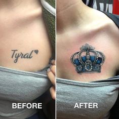 before and after photos of a woman's chest tattoo