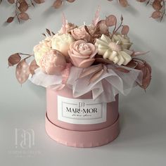 a pink hat box with flowers in it