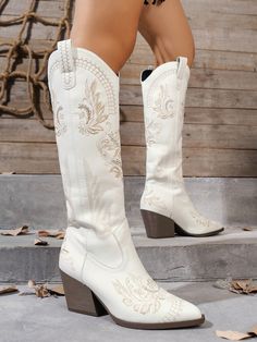 Women's New Pointed Toe Chunky Heel Flower Embroidery And Boot Length Western Boots, Outdoor Fashion For Autumn And Winter, Ideal With Sweater Cowgirl Boots Beige         Women Shoes, size features are:Bust: ,Length: ,Sleeve Length: Floral Embroidered Boots For Spring Festival, Floral Embroidery Boots For Spring Festival, White Summer Festival Boots, White Embroidered Boots For Winter, White Boots For Fall Festival, Bohemian White Boots For Fall, Bohemian Boots With Floral Embroidery For Fall, White Bohemian Boots With Round Toe, Bohemian Fall Boots With Floral Embroidery