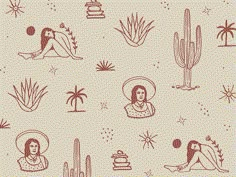 an image of desert scene with cactus, woman and other things on the wallpaper