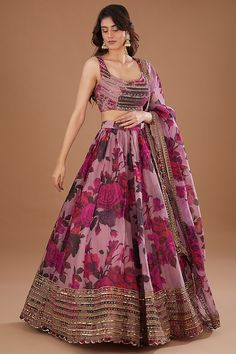 Dark Lavender Organza Floral Printed & Cutdana Embroidered Wedding Lehenga Set by Astha Narang at Pernia's Pop Up Shop 2024 Lehenga Designs Latest, Astha Narang, Lehenga Bridesmaid, Fav Outfit, Lehenga Bridal, Simple Lehenga, Sewing Easy, Outfits Indian