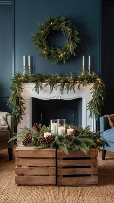 a living room decorated for christmas with candles and pine cones