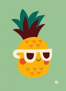 a cartoon pineapple wearing sunglasses on a green background