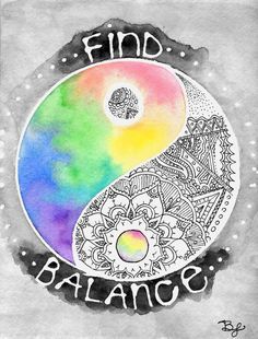 a painting with the word find balance in it's center and an image of a yin