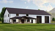 an artist's rendering of a large white barn with a black roof and windows