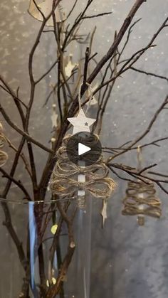 a glass vase filled with branches and star decorations