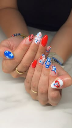 32 4th of July Nail Ideas to Recreate: Get Patriotic with Your Manicure! Oval Nail Inspiration, Cute Summer Nails 4th Of July, Crazy Cool Nail Designs, 4th Of July Inspired Nails, Short Almond Acrylic Nails 4th Of July, Forth Of July Nail Art Designs, 24th Of July Nails, Crazy Cute Nails, Cheer Nails Designs