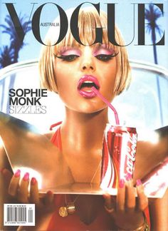 a magazine cover with a woman drinking soda