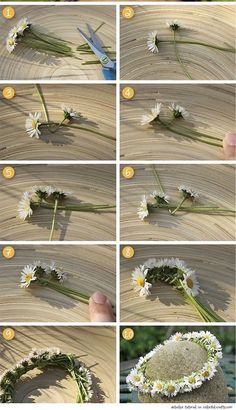 step by step instructions on how to make a flower crown with daisies and moss