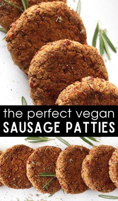 the perfect vegan sausage patties with rosemary sprigs on top and in between