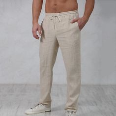 Category:WE-Pants; Season:Spring   Fall; Fabric:Linen Cotton Blend; Gender:Men's; Style:Stylish,Basic,Streetwear; Occasion:Daily,Casual,Outdoor; Fit Type:Regular Fit; Function:Comfort; Waistline:Mid Waist; Pattern:Plain; Design:Straight Leg,Drawstring,Elastic Waist; Brand:OUKU; Pants Type:Trousers,Beach Pants,Linen Pants,Summer Pants; Fly Type:Drawstring,Elasticity; Front page:FF; Listing Date:12/20/2022; Production mode:External procurement; Hips:; Length:; Waist:; Fit US Size:; Fit UK Size:; Fit EU Size: Casual Ankle-length Bottoms For Beach Season, Non-stretch Drawstring Bottoms For Leisure, Casual Beach Season Pants With Pockets, Summer Leisure Straight Leg Bottoms, Vacation Pants With Drawstring, Casual Straight Leg Pants For Beach Season, Casual Beach Pants For Leisure, Leisure Straight Pants For Summer, Leisure Straight Summer Bottoms