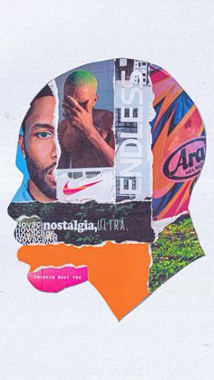 a collage of different images and words in the shape of a man's head