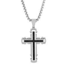 .25ctw black diamond stainless steel black IP cross with chain. Black Cross Necklace With Chain, Black Cross Necklace With Box Chain, Black Cross Pendant Necklace With Chain, Stainless Steel Cross Jewelry With Box Chain, Black Cross Pendant Jewelry With Silver Chain, Black Stainless Steel Cross Jewelry, Luxury Black Cross Pendant Necklace, Black Polished Cross Jewelry, Black Stainless Steel Crucifix Necklace