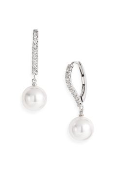 Luminous Akoya pearls dangling from a line of glistening diamonds make elegant handcrafted earrings. 7/8" drop. Pearl size: 7.5-8mm. Lever-back closure. Total diamond weight: 0.08ct. Color: G. Clarity: VS. Grade A+ Akoya cultured pearls/diamonds/18k white gold. By Mikimoto; made in the USA of imported materials. Asian Owned. Earrings Celtic, Long Bridal Earrings, Wedding Bridesmaid Jewelry, Bridal Earrings Drop, Celtic Design, Pearl And Diamond Earrings, Swarovski Crystal Necklace, Akoya Pearls, Handcrafted Earrings