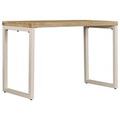 a wooden table with metal legs and a white frame around it's edge, against a white background