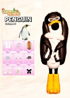 an animated penguin is standing in front of a poster with penguins and other items on it