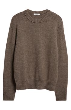 A tonal mélange yarn in an earthy hue defines this relaxed sweater knit from a rich blend of alpaca and wool with classic ribbed trim. 26 1/2" length (size Medium) Crewneck Long sleeves Ribbed cuffs and hem 45% acrylic, 30% alpaca, 25% wool Hand wash, dry flat Made in Italy Designer Clothing Classic Chunky Knit Sweater For Layering, Classic Cashmere Sweater With Chunky Knit, Classic Cashmere Chunky Knit Sweater, Classic Chunky Knit Cashmere Sweater, Classic Recycled Wool Sweater For Fall, Brown Cashmere Knitted Sweater, Brown Textured Knit Cashmere Sweater, Brown Knitted Cashmere Sweater, Classic Merino Wool Chunky Knit Sweater