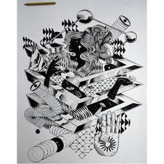 a black and white drawing of a woman surrounded by geometric shapes with a pencil in her hand