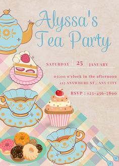 a tea party flyer with cakes and cupcakes