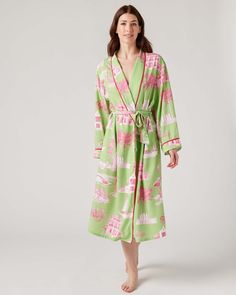 Inspired by our best-selling pajamas, our Katie Kime robes feature the prints you love in a stylish silhouette with elegant piping detail. Perfect for lounging and layering over sleepwear, the Katie Kime robe features flexible sizing with a removable tie to ensure a custom fit. Add a bespoke touch with your choice of embroidery. 50% Modal & 50% Cotton Machine wash cold. 48" from high point of shoulder (based on a size S/M) Please allow 3-5 days for production. Any personalized or monogramed prod Green Spring Sleepwear For Sleepover, Green Sleepwear For Spring Sleepover, Spring Green Printed Sleepwear, Spring Printed Kimono For Loungewear, Spring Overnight Robe With Long Sleeves, Spring Overnight Long Sleeve Robe, Green Spring Loungewear Kimono, Green Spring Kimono For Loungewear, Green Kimono For Spring Loungewear