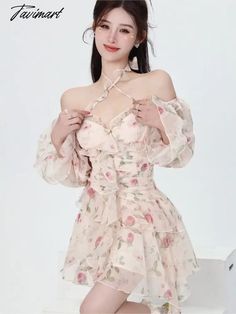 Tavimart Summer Sweet Print Floral Chiffon Dress Women Elegant Long Sleeve Ruffles Party Mini Dresses Female Korean Chic Slim Vestidos Party Mini Dresses, Womens Pleated Skirt, Sleeve Ruffles, Floral Chiffon Dress, Womens Prom Dresses, Dress Women Elegant, Floral Chiffon, Prom Party Dresses, Mini Dresses