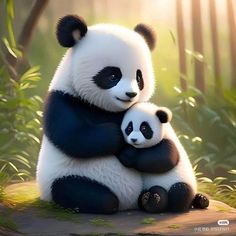 two panda bears hugging each other in the woods