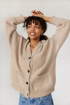 Chunky knit brown cardigan for women, patterned alpaca wool sweater, oversized knitted cardigan, ladies cardigan, perfect gift for her If you were to fly across Lithuania like a bird, you'd look down and see this cardigan. Not literally, but her alpaca wool color blocks could easily be the wheat fields, white sand dunes and sun bleached fields of our home country, Lithuania. Designed in collaboration with a Lithuanian designer Eglė Žiemytė, she's made from socially farmed Peruvian wool with no c White Sand Dunes, Peruvian Alpaca, Alpaca Wool Sweater, Chunky Oversized Sweater, Fall Cardigan, Brown Cardigan, Wheat Fields, Chunky Knit Cardigan, Wool Pants