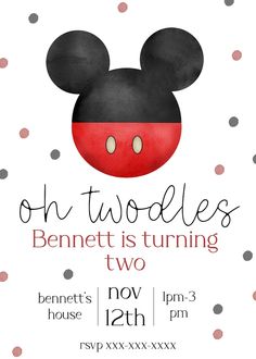 a mickey mouse birthday party with polka dots and the words, oh twodless