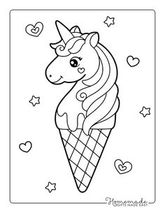 an ice cream cone with a unicorn face on it and hearts around the edges coloring page