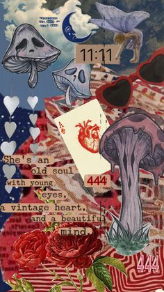 an altered collage with various images and words on it's side, including flowers