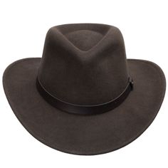 This genuine wool felt hat is trimmed with a genuine leather band. Packable, lightweight with water repellent. It's rugged enough to be folded, stuffed, and then shaken back into its original shape. (Happens to the best of us.) You can wear it with anything - shorts, jeans, formal or informal occasions, and even a business suit. Made in the USA. Material: 100% WoolBrim: 3"Crown: 4 3/8" teardropHatband: 3/4" leatherClimate: Cold Hand-finished in the US. Wool Felt Hat For Rodeo In Winter, Winter Outdoor Fedora With Curved Brim, Country Style Hat Bands For Winter Travel, Country Style Winter Felt Hat For Travel, Country Style Felt Hat For Winter Travel, Country Style Winter Travel Felt Hat, Brown Hat Bands For Winter Travel, Western Hats With Leather Lining And Flat Brim, Winter Curved Brim Felt Hat For Outdoor