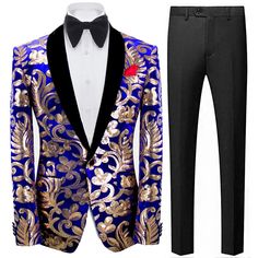 Product Detail Material: 65% Polyester 35% Viscose Design Shawl Collar & Sequin Embroidery Package 1*Jacket Occasion Stage / Red Carpet / Party / Dinner Jacket / Party A classic emblem of refined taste and individual fashion, The men's royal vintage gold flowery sequin blue tuxedo jacket is an item you won't find anywhere else. This jacket's beautiful gold flowery sequin pattern on a deep blue background is the new standard in vintage-inspired elegance for formalwear.This shade of blue will make Sequin Decorations, Blue Tuxedo Jacket, Shawl Collar Tuxedo, Blue Tuxedo, Red Carpet Party, Dye Jeans, Sequin Pattern, Blue Tuxedos, Tie Dye Jeans