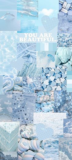 a collage of blue and white images with the words you are beautiful