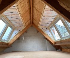 an attic with two skylights in it