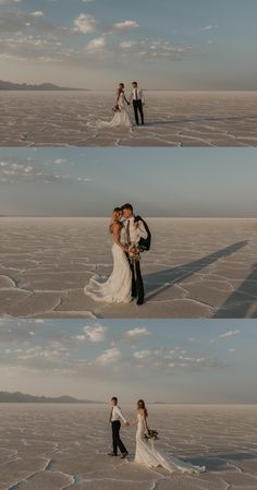 the bride and groom are posing for pictures in the desert