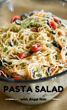 pasta salad with angel hair in a glass bowl