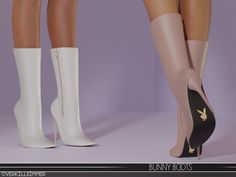 two woman's legs with high heeled white boots and black stockings on them