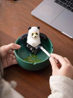 a person sitting at a table with a laptop and a small toy penguin in a green bowl