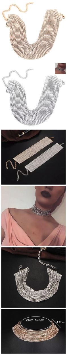 Multi-Layer Chunky Fashion Choker Necklace-Fashion Necklaces-StylinArts Chunky Fashion, Layered Choker Necklace, Choker Style Necklace, Layered Chokers, Rhinestone Choker, Silver Choker, Choker Style, Bustier Dress, Cutout Dress