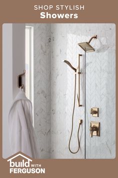 a shower with the words shop stylish showers