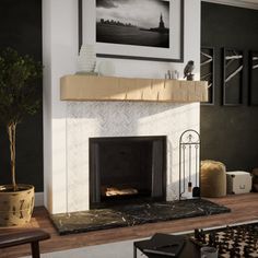 a living room filled with furniture and a fire place in the middle of a wall