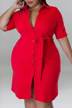 Red Casual Solid Patchwork Buckle Turndown Collar Straight Plus Size Dresses Solid Dress Casual, Midi Dress Plus Size, Short Sleeve Dress Shirt, Straight Dress, Midi Short Sleeve Dress, Stylish Plus, Turndown Collar, Plus Size Shorts, Daily Dress