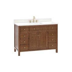 an image of a bathroom vanity with two sinks and wood cabinetry on the side