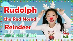 rudolph the red nosed reindeer sing and dance along with christmas lights around her head, in front of a blue background