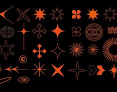 an orange and black background with different types of stars, circles, and shapes on it