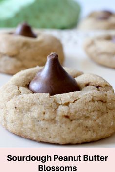 peanut butter chocolate chip cookies with text overlay that reads, sourdough peanut butter blossoms