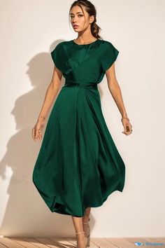 OrcaJump - Orcajump - Vestido de gala para mujer con cinturón y detalle de lazo en la cintura. Elegant Midi Dresses, Satin Bridesmaid Dresses, Estilo Chic, Daily Dress, U Neck, Ely, Aaliyah, Odessa, Green Light